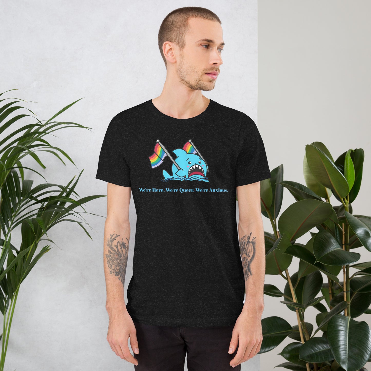 "We're Here..." Anxious Shark Genderless Tshirt, with Standard Rainbow Pride Flag